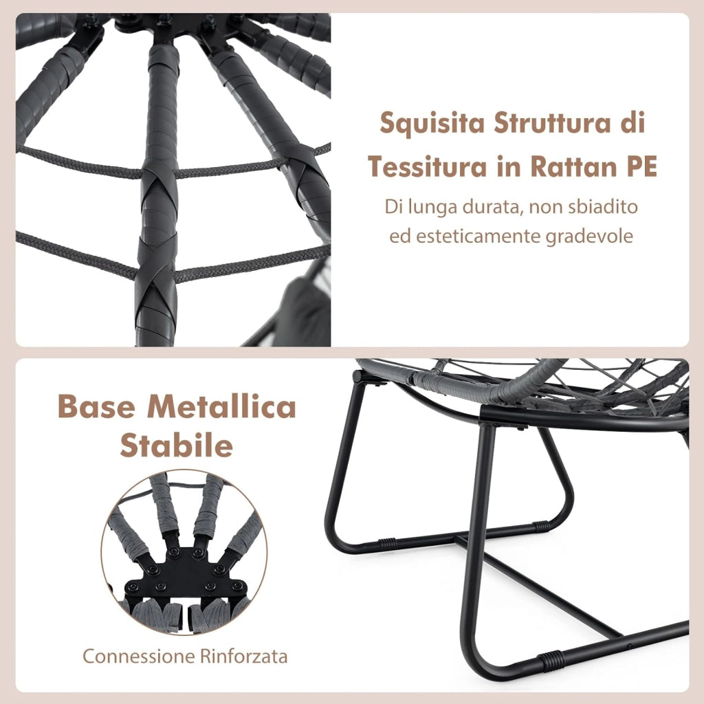 Poltrona in Rattan da Giardino, Sedia a Nido con Cuscino Rimovibile, Supporto in Metallo, Sedia a Uovo da Interni ed Esterni, Portata 150 kg, 100 x 76 x 145 cm (Grigio)