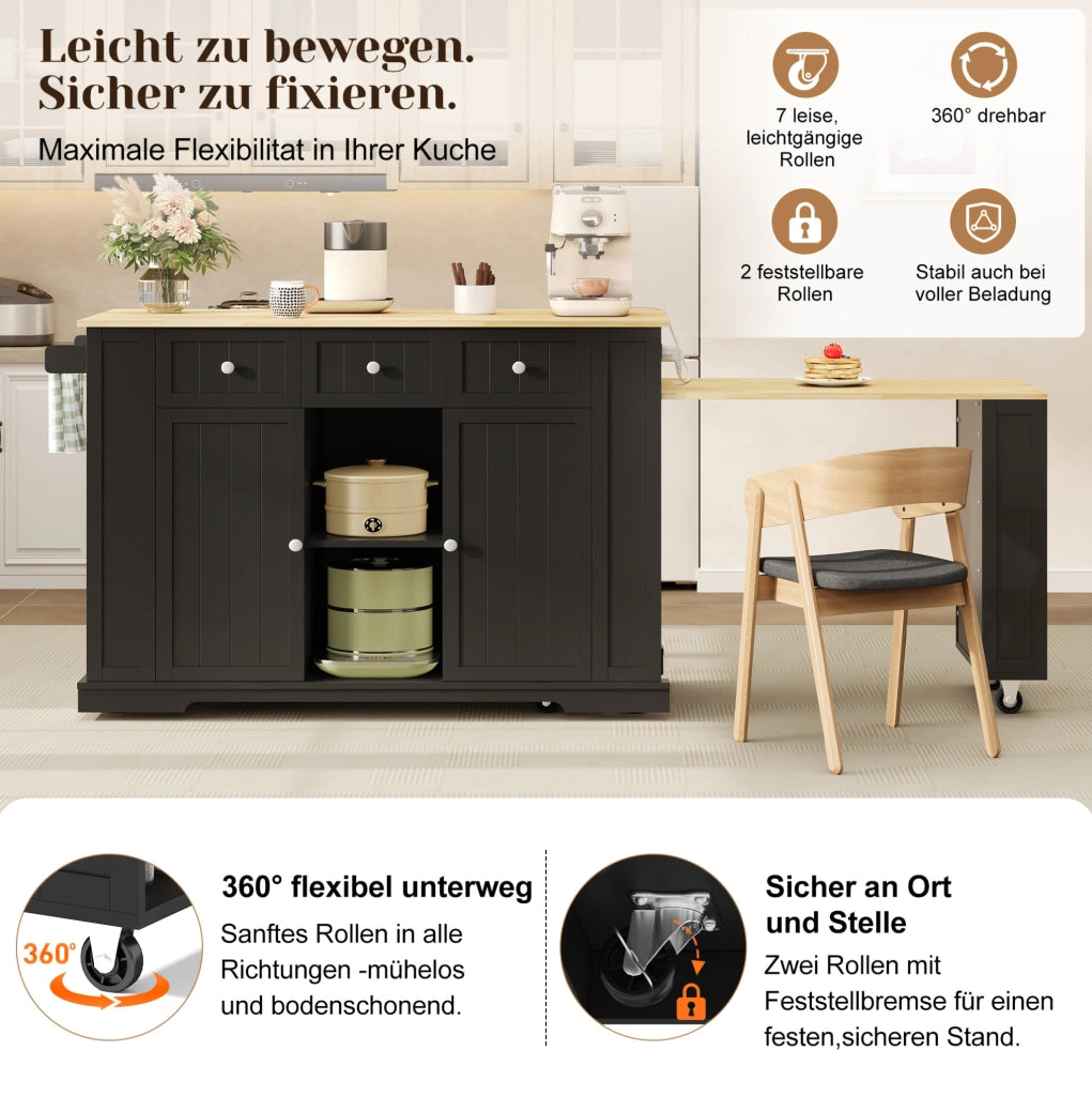 Isola cucina mobile con tavolo estraibile e prese USB, 138(213) cm