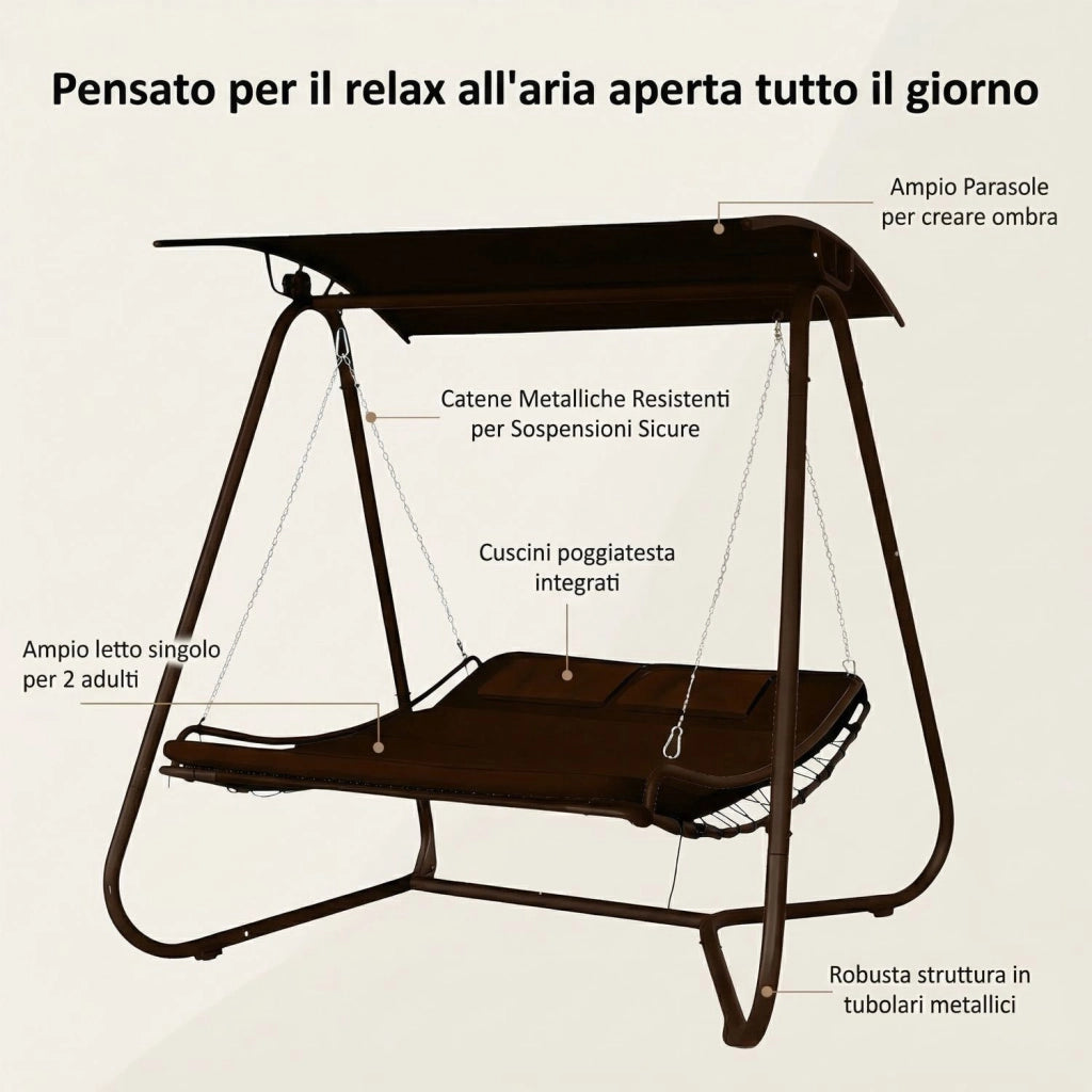 Dondolo Amaca Letto 2 Posti da Giardino con Tetto Parasole Struttura in Acciaio e Seduta Imbottita in Textilene per Terr