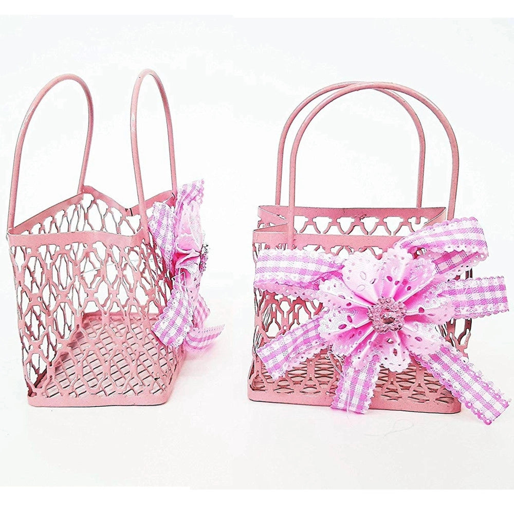 Trade Shop - 12pz Bomboniera Sacchetto Shoppers Metallo Rosa Portaconfetti Nascita Comunione -