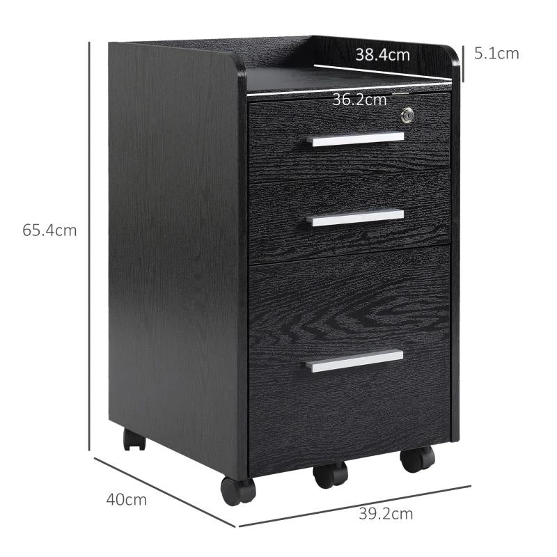 CASSETTIERA PORTADOCUMENTI IN LEGNO A 3 CASSETTI CON CHIAVI DI SICUREZZA E 5 RUOTE, 39.2X40X65.4 CM, NERO