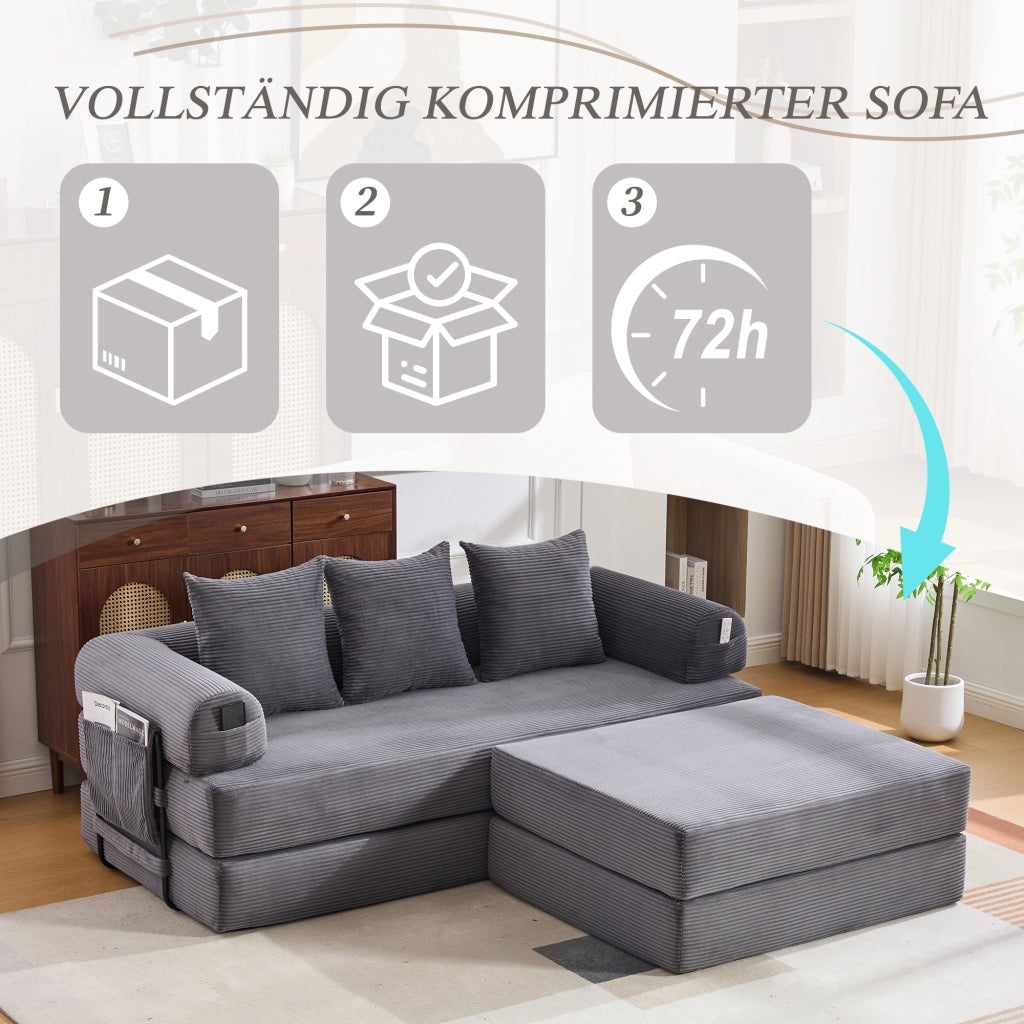 DIVANO MODULARE 200x190x67 cm in corduroy grigio scuro con pouf e 3 cuscini
