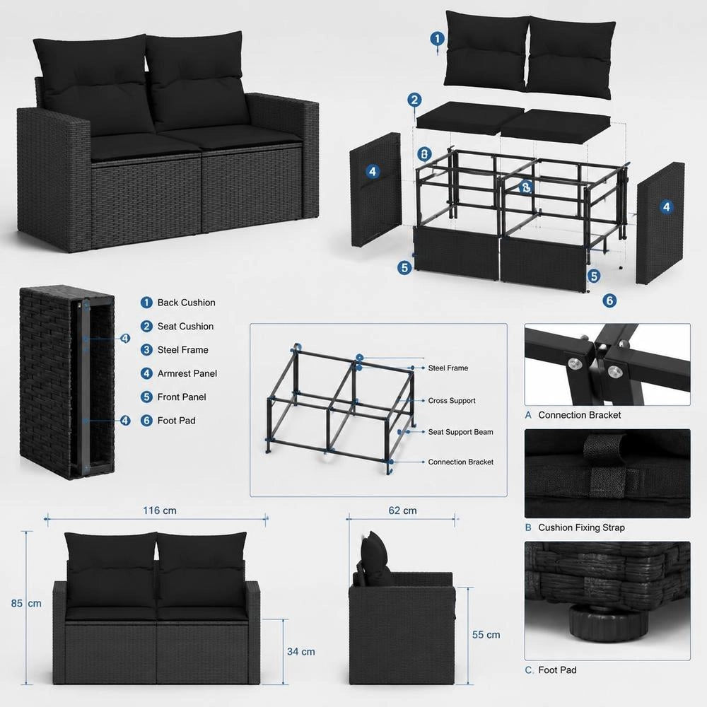 Garden Sofa With Cushions 2-seater Black Poly Rattan