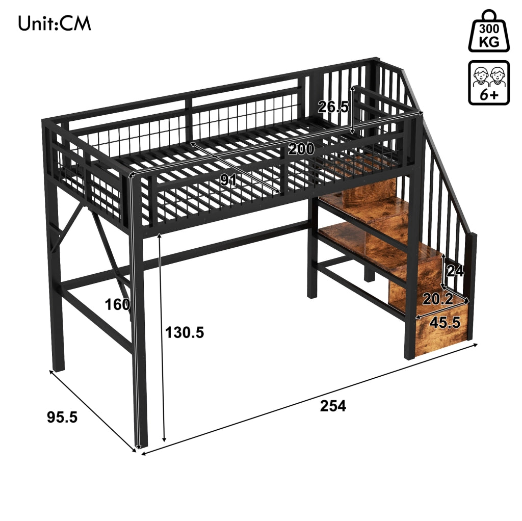 Letto a soppalco 90x200 cm in metallo e MDF con LED controllabile da app e scale con contenitore; nero