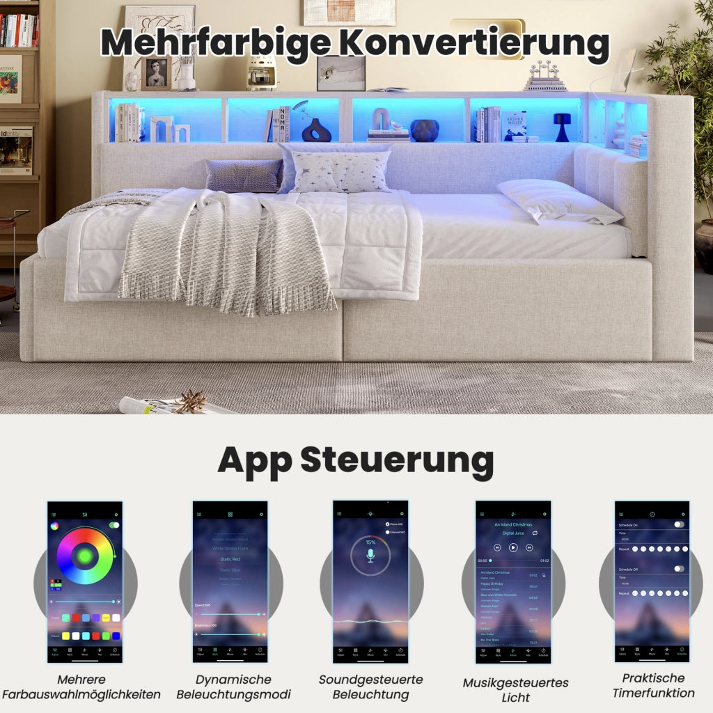 Letto daybed con LED, USB e vani contenitori