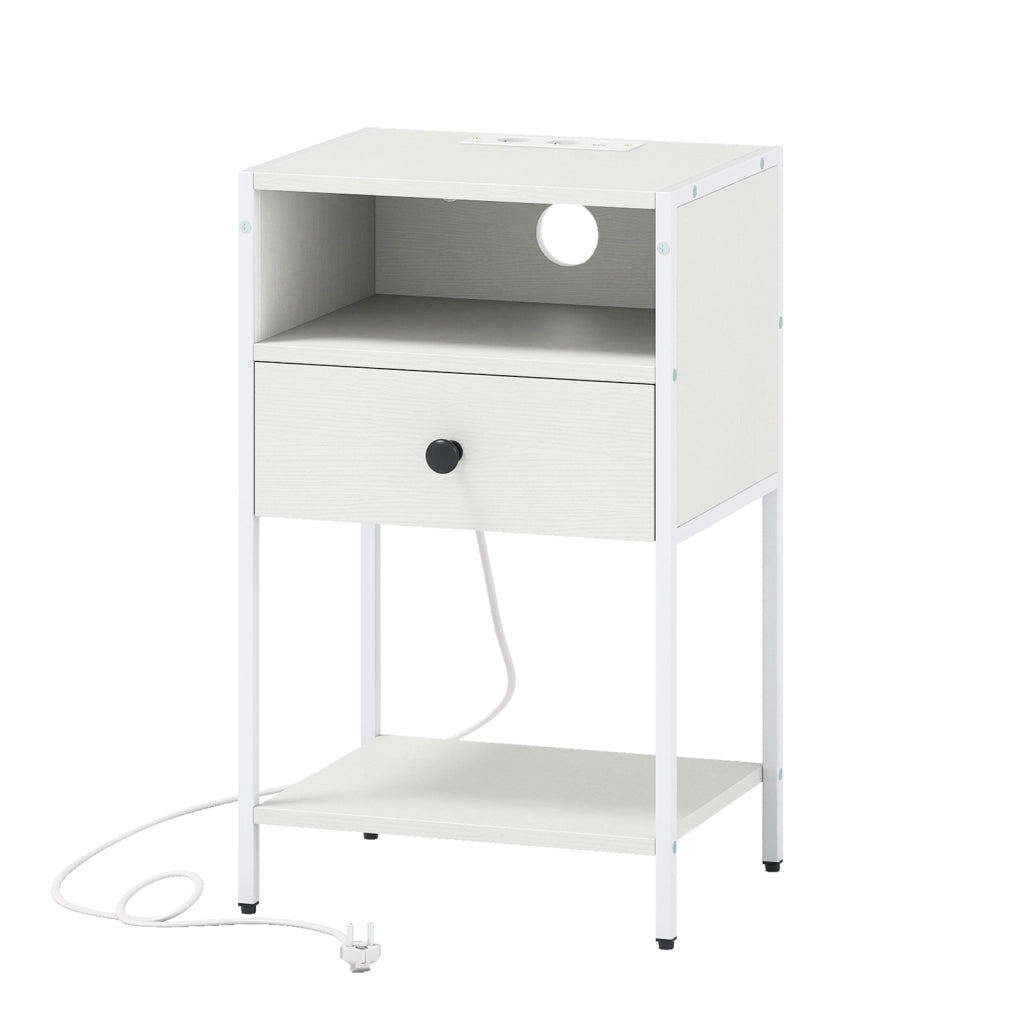 Comodino stazione ricarica stile industriale scomparto aperto cassetto, Tavolino ripiano inferiore compatto divano camera letto soggiorno Bianco