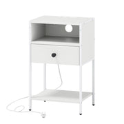 Comodino stazione ricarica stile industriale scomparto aperto cassetto, Tavolino ripiano inferiore compatto divano camera letto soggiorno Bianco
