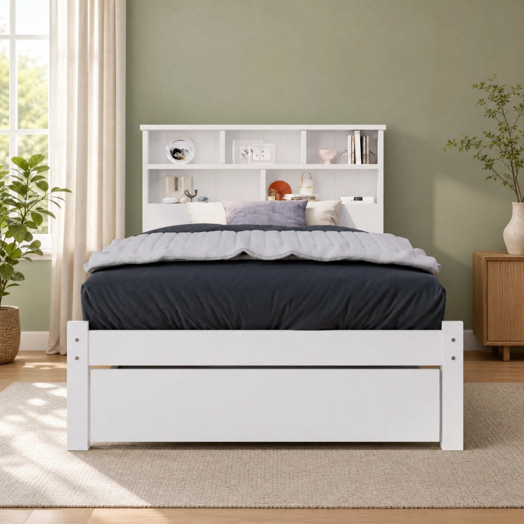 Letto singolo in legno massiccio con 2 cassetti e testiera a libreria, 90x200 cm, bianco