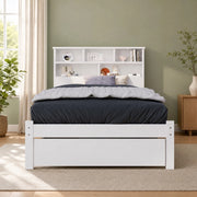 Letto singolo in legno massiccio con 2 cassetti e testiera a libreria, 90x200 cm, bianco