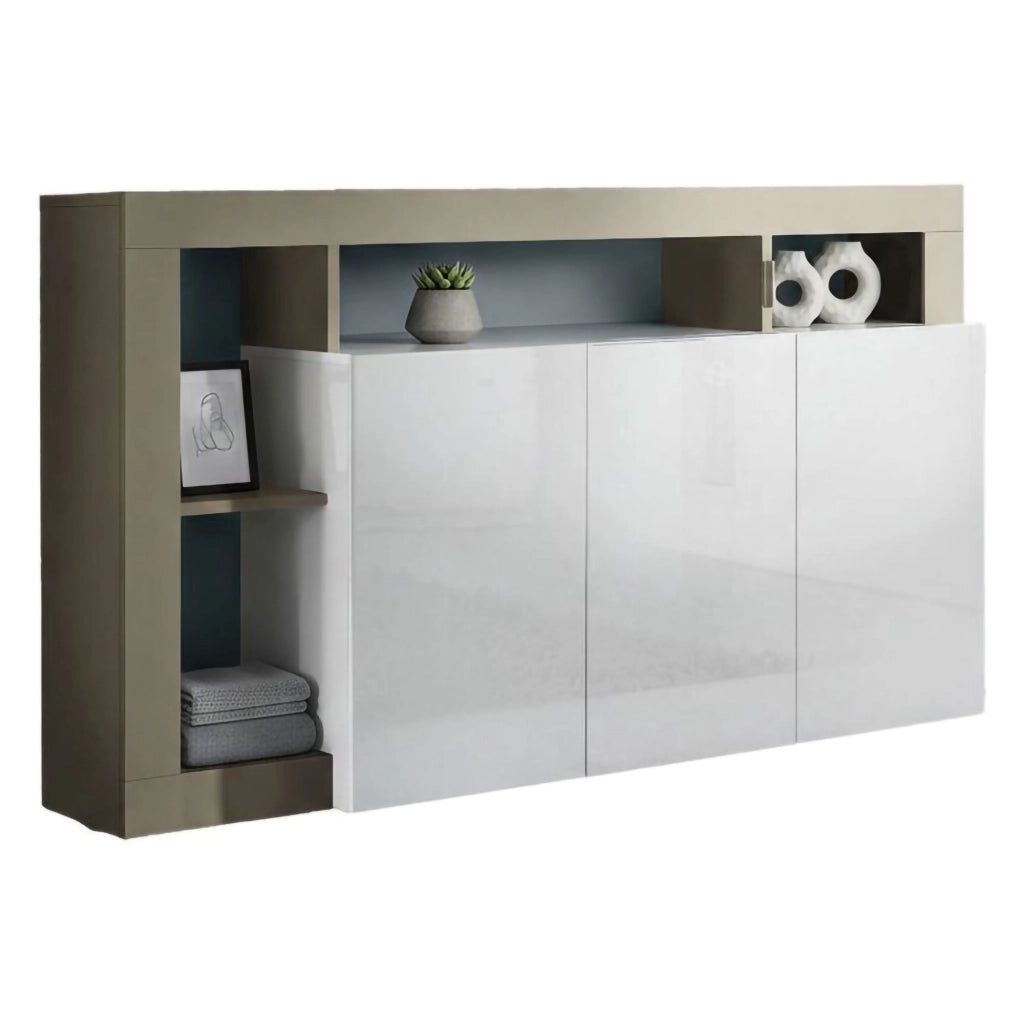 Credenza 0, Buffet moderno a 3 ante e vani a vista, Madia moderna, mobile da soggiorno porta TV, Made in Italy, Cm 146x62xh93, Bianco e Pero