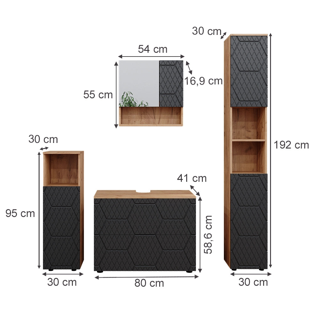 Vicco Set mobili bagno Antracite con struttura a nido d'ape 4 pezzi, con cassettiera e colonna