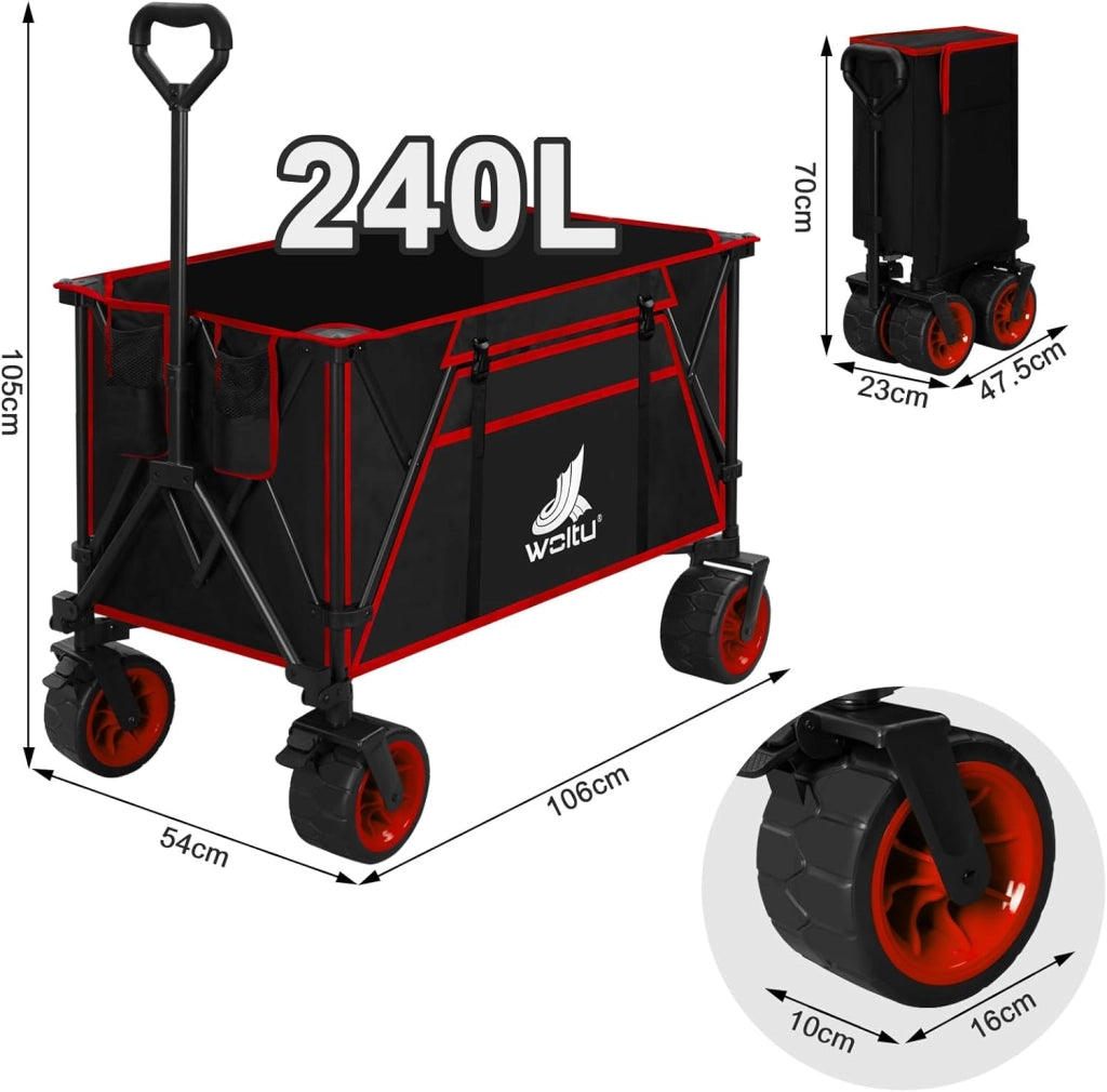 Carrello Pieghevole con Ruote da Spiaggia, Giardino, Campeggio, Viaggio, Spesa, con Borsa di Trasporto, Oxford+Acciaio, Nero+Rosso