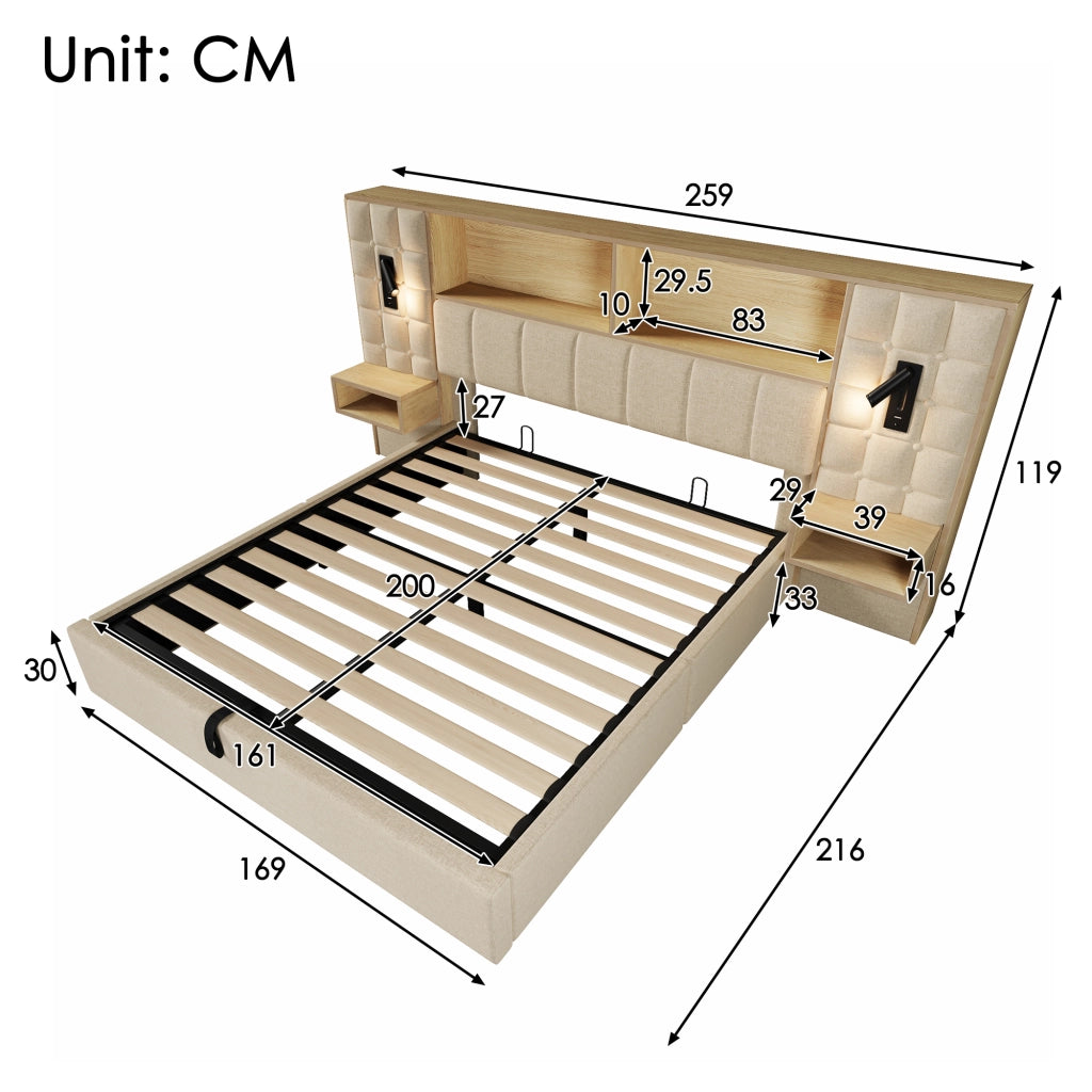 Letto matrimoniale contenitore 160 × 200 cm con 2 comodini, USB, Type-C, 2 lampade da lettura, senza materasso
