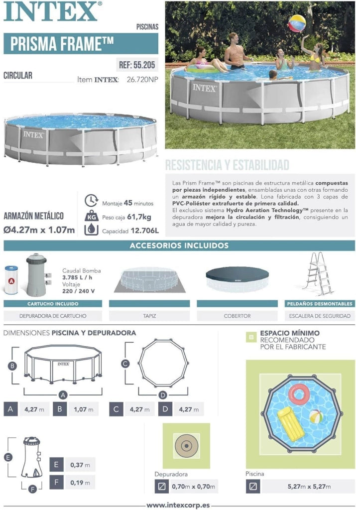 Intex 26720 Piscina Rotonda Fuoriterra Grigio 427X107 cm 427x107 cm Con Pompa Filtro