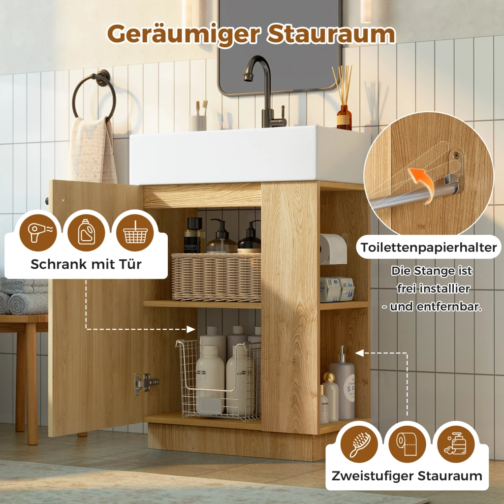 Mobile sottolavabo con lavabo in ceramica, 1 anta, ripiani aperti e porta carta igienica, per bagno, 55 × 32 × 87 cm