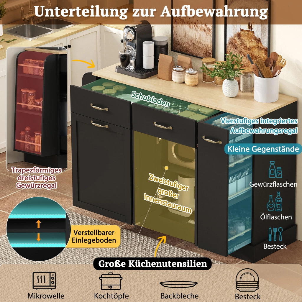 Credenza e madia con vani aperti, vano pattumiera e ripiani, per cucina e sala da pranzo, nera, 133,5 × 40 × 86 cm