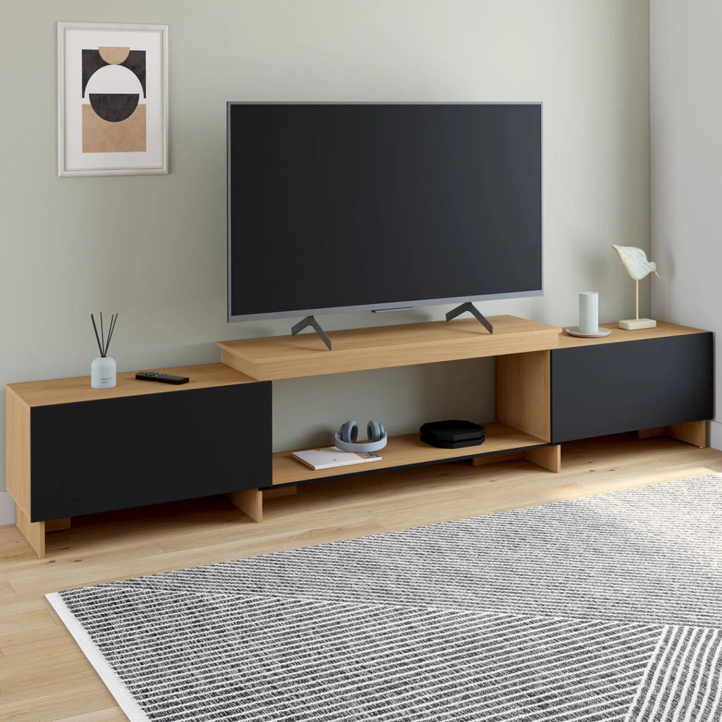 IDMarket - VLAD Mobile TV allungabile a 2 ante in legno e nero 140-240 cm