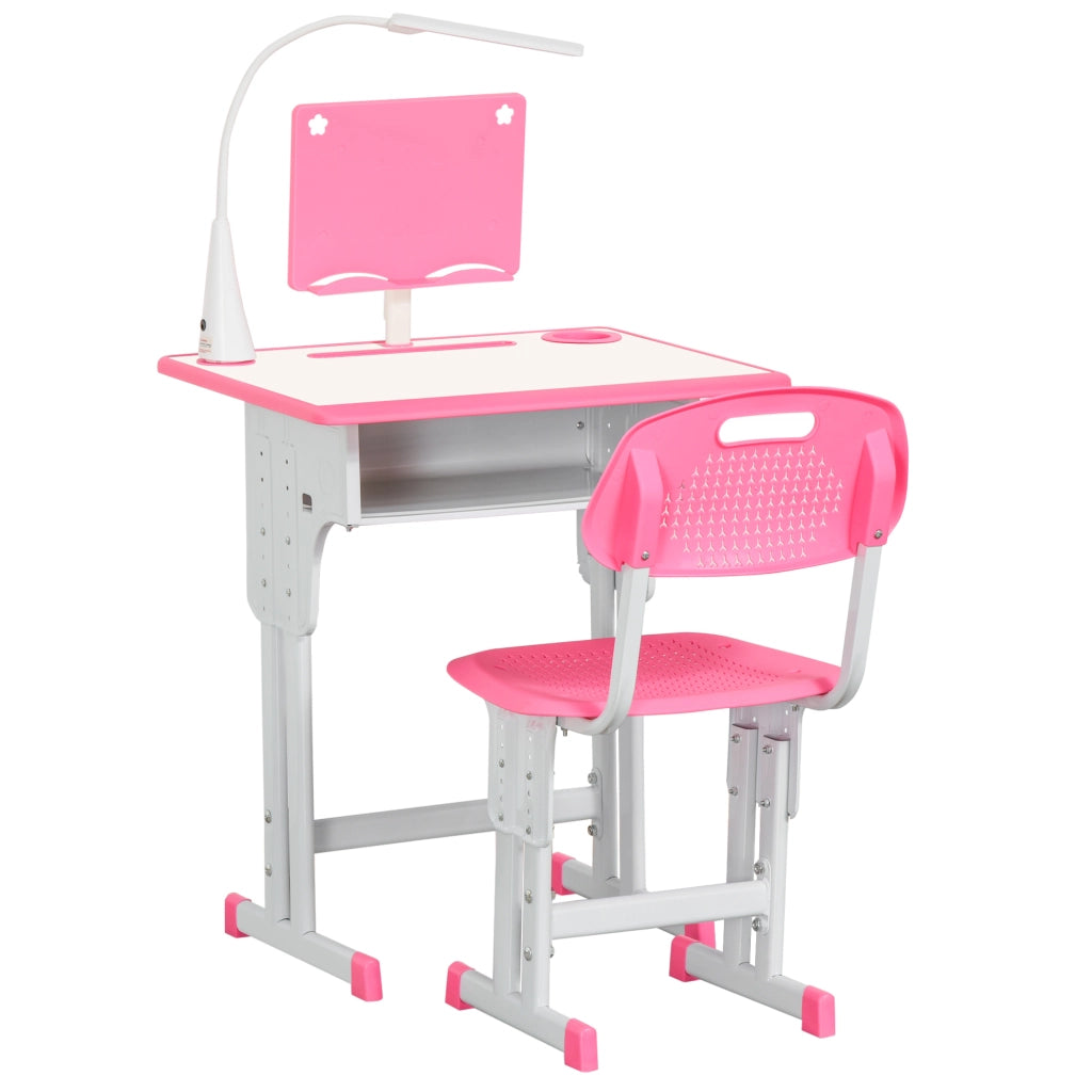 EasyComfort Set Scrivania e Sedia per Bambini 6-12 Anni ad Altezza Regolabili, Banco Scuola con Lampada, Cassetto, Gancio, Portapenne e Leggio, Set Banco con Sedia per Bambini in Acciaio e MDF, Rosa