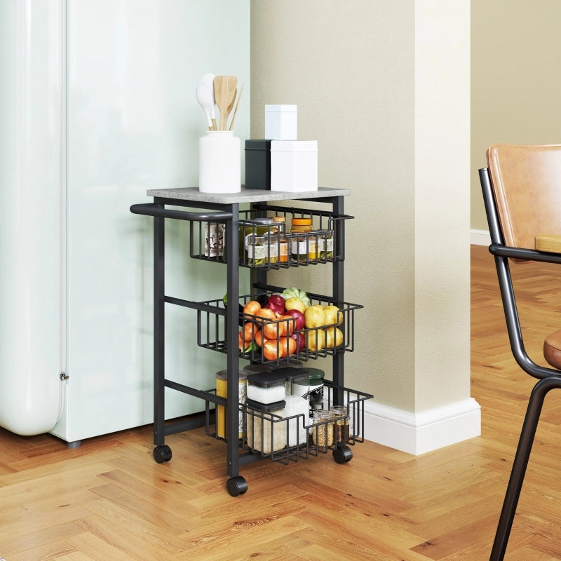 Carrello da Cucina con 3 Cestelli Estraibili e Ruote; con Maniglia; per Cucina o Bar; Legno; 49;5 x 31 x 69 cm; Grigio Chiaro