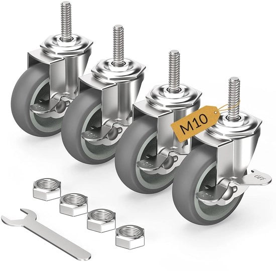 Set di ruote per mobili Ruote per mobili pesanti con diametro 75mm Set di 4 ruote con freni, M10 x 1,5 x 30 mm (diametro interno 10 mm, lunghezza 30 mm)