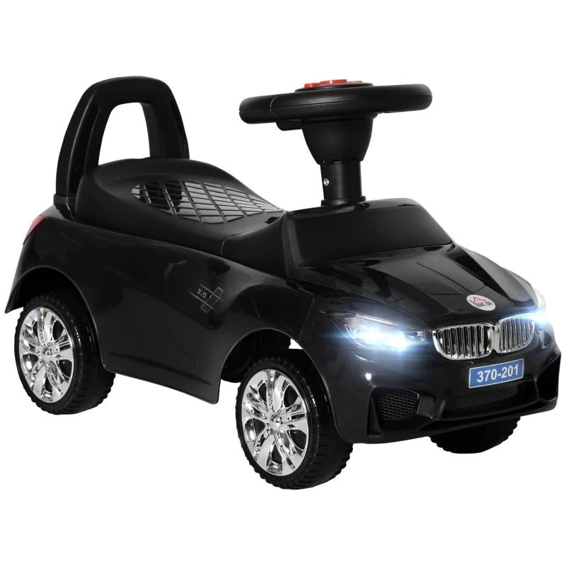 MACCHININA PER BAMBINI CAVALCABILE CON VOLANTE, FARI E MUSICHE INTEGRATE, IN PP E METALLO, 63.5X28X36 CM, NERO
