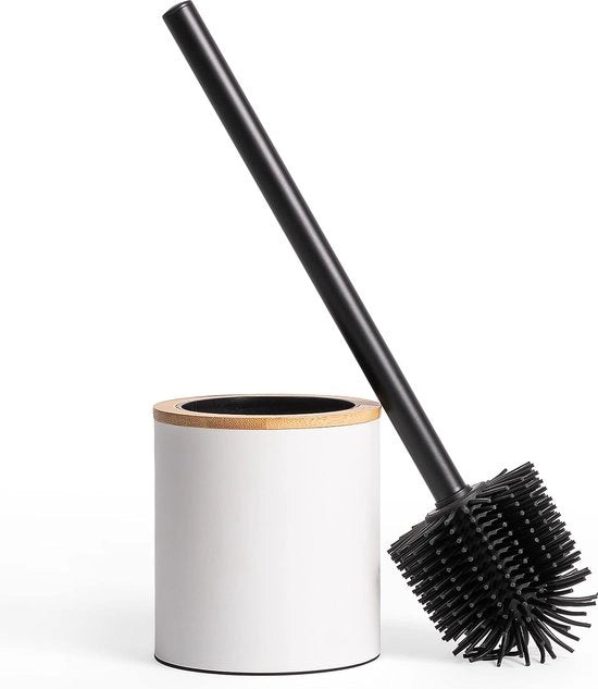 Set di spazzole per il water con supporto in acciaio inossidabile - Bianco - Set di spazzole per il water in piedi - Acciaio inossidabile - Finestra in legno di bambù