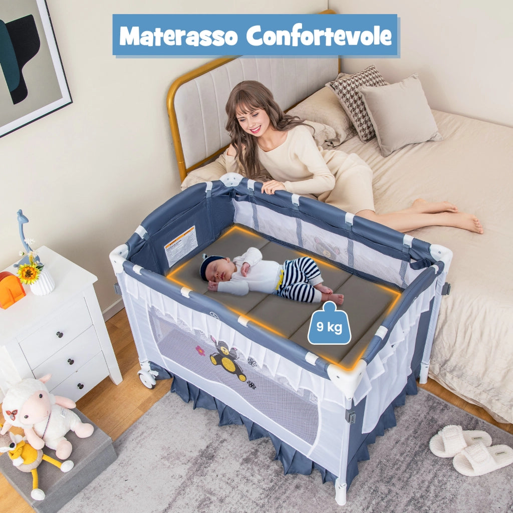 Culla neonati 4 in 1 convertibile fasciatoio zanzariera rimovibile-Lettino viaggio pieghevole ruote carillon borsa Grigio