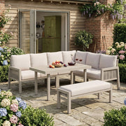 Set da giardino per 8 persone - Zephmum- Tavolo in vetro, ferro zincato, tessuto PE intrecciato a mano, colore kaki