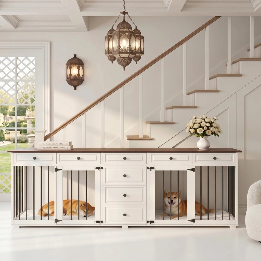 Scaffale per due cani da interno con 8 cassetti e chiusure di sicurezza in MDF e metallo bianco 200 × 60 × 85 cm