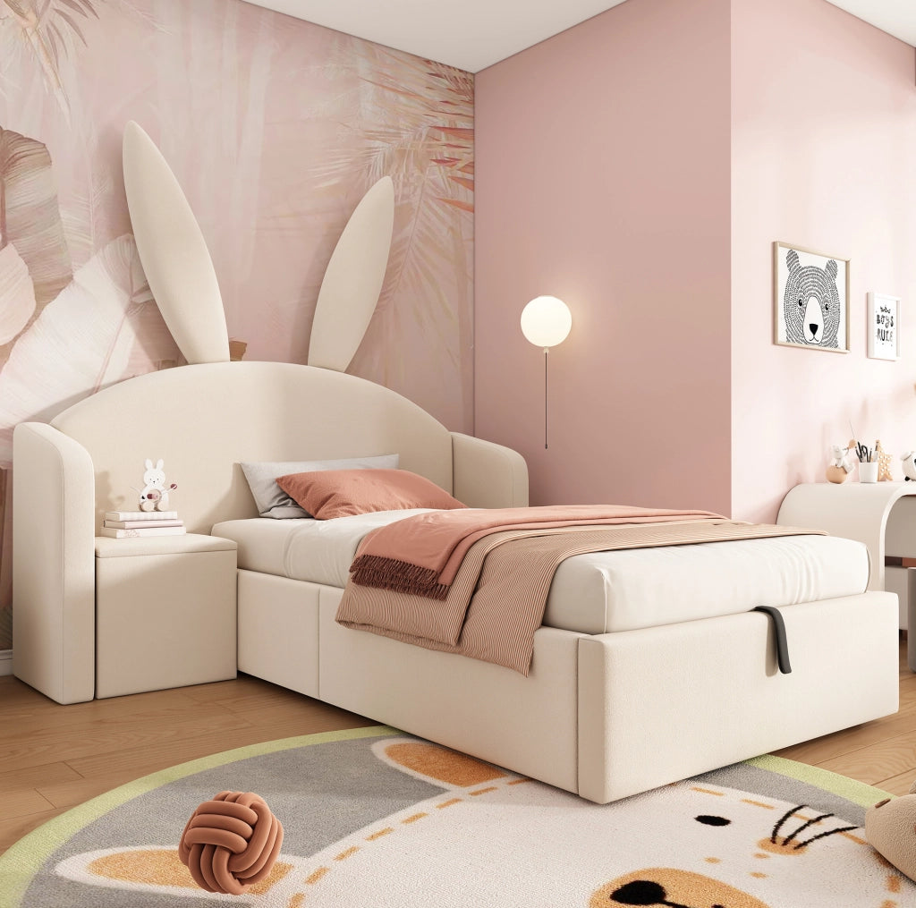 Letto singolo 90x200 con contenitore idraulico e comodino beige