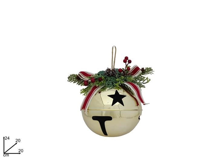 Decorazione Natalizia Campanaccio in Metallo con Fiocco e Vischio Oro 20 cm