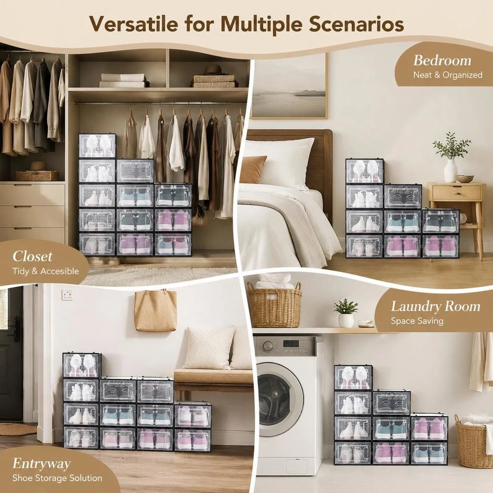 Shoe Storage Boxes, Stackable Shoe Boxes (12 Pcs), Fits Up To US Size 11, Modular Plastic Shoe Organizers For Storing High Heels, Boots, And Hats, Black Frame