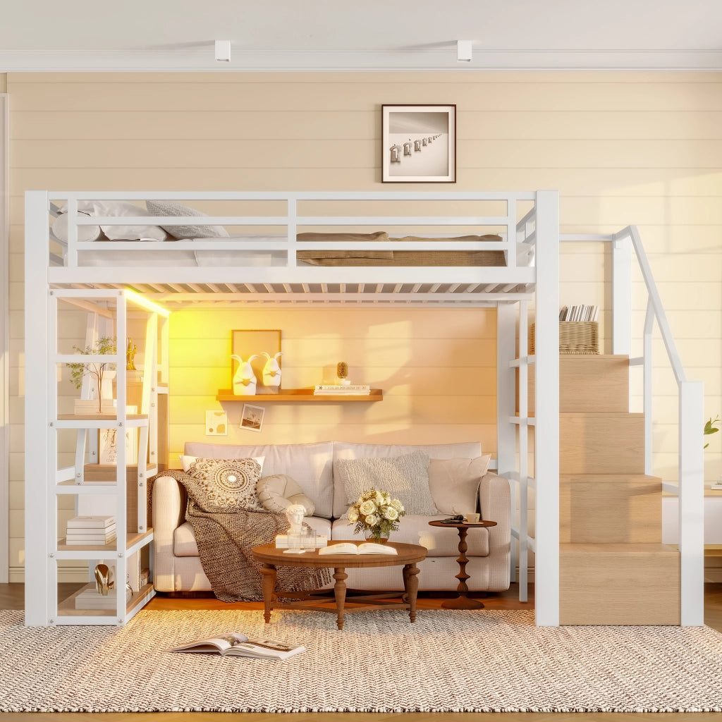 Letto a castello bianco con funzione contenitore e illuminazione LED in metallo e MDF 140x200 cm