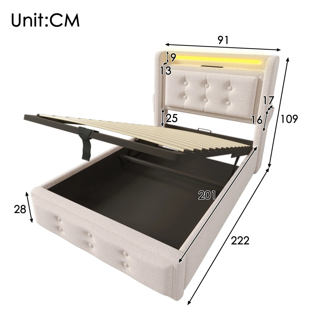 Letto contenitore 90x200 con testiera LED e prese USB; cotone lino beige