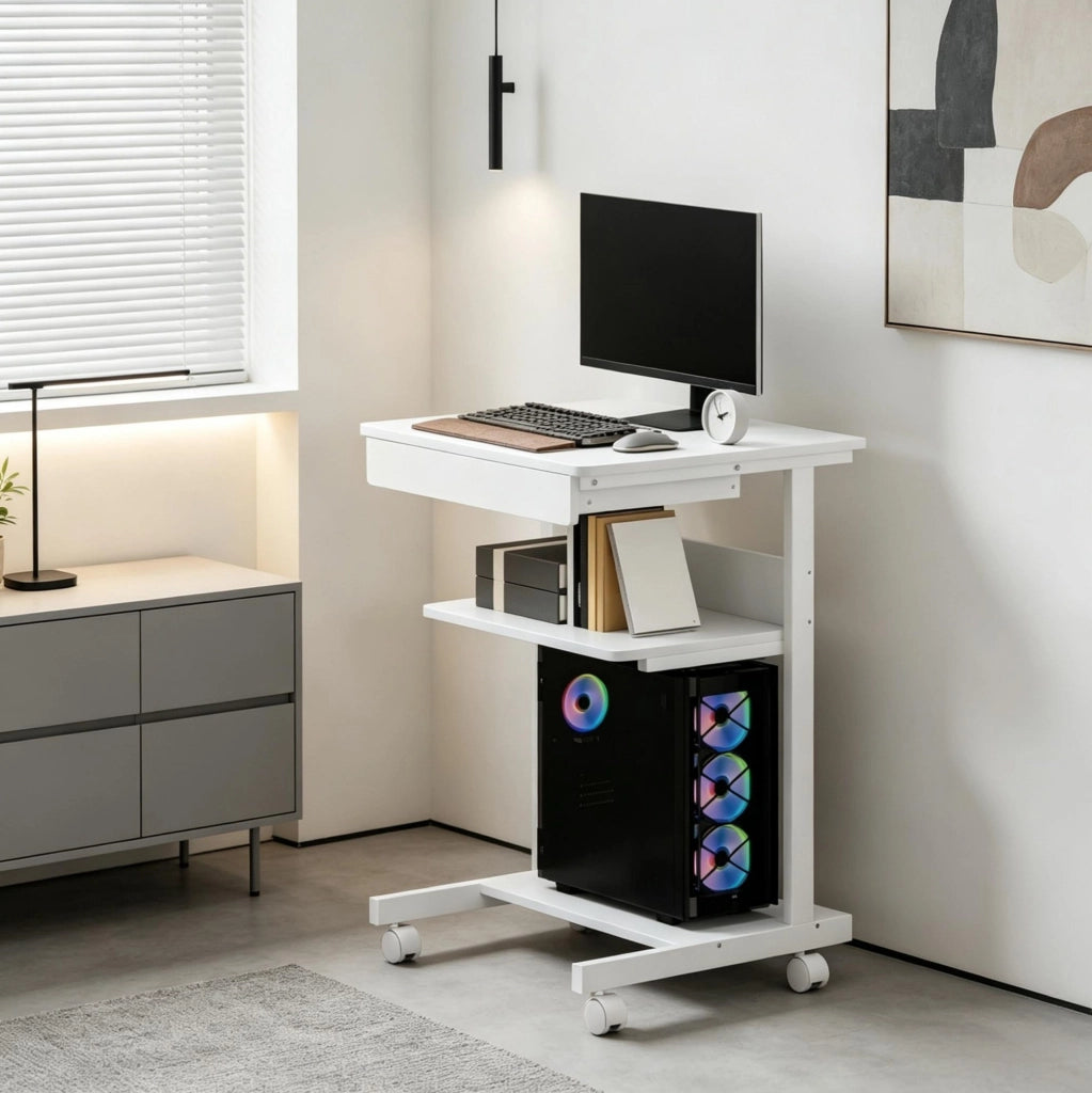 Scrivania per computer bianca con ruote, 56x51x79 cm, con cassetto, ripiano e supporto CPU per ufficio e home office