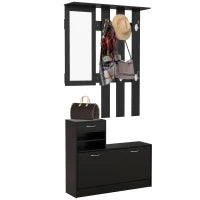 Mobile da Ingresso Appendiabiti con Scarpiera e Specchio, in Truciolato, 90x10x102 cm, Nero