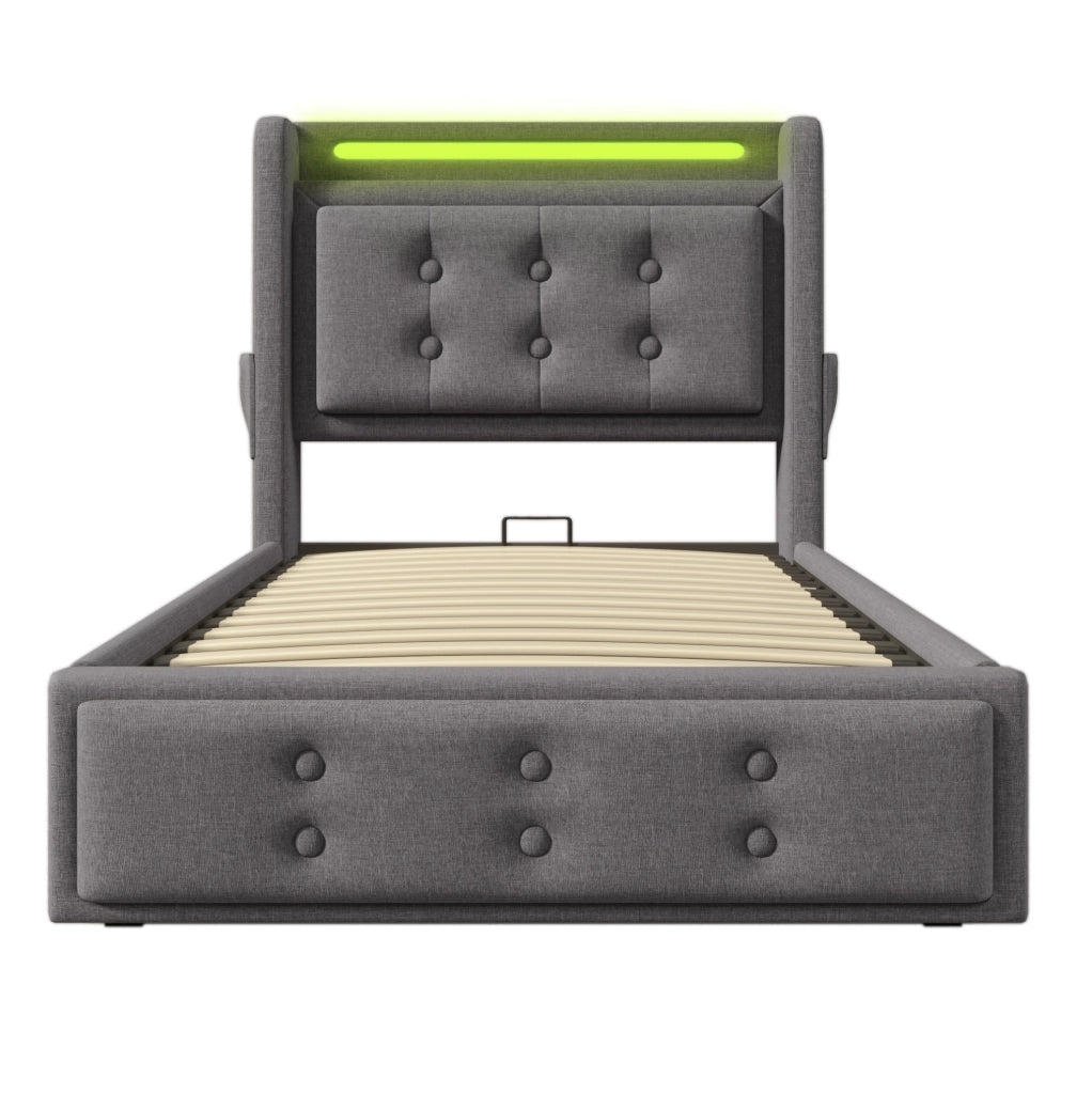 Letto singolo ULEVR 90x200 cm con contenitore a gas, testiera LED con 2 prese, USB e Type-C, grigio