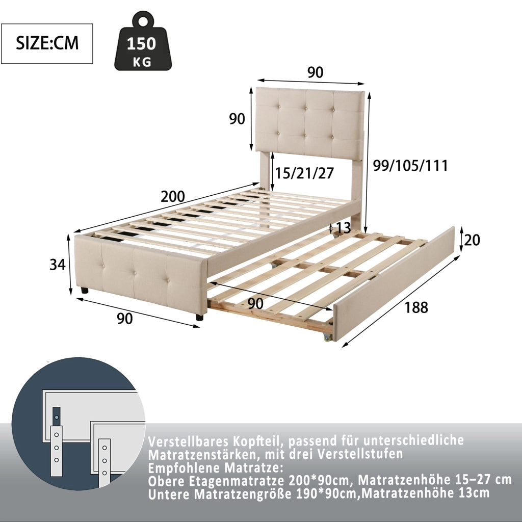 Letto Singolo Imbottito Estraibile ¨C MINIMAL ¨C Testiera Regolabile, Tessuto Beige, 90x200
