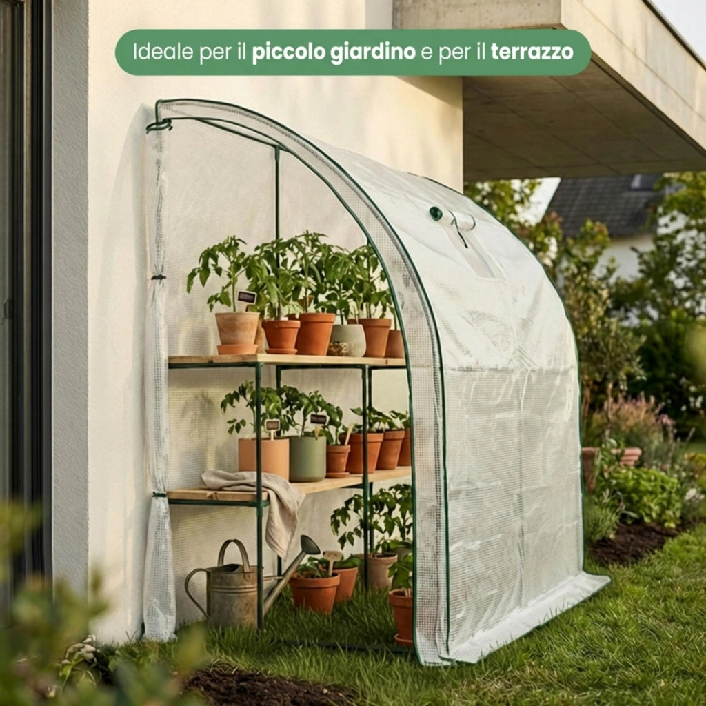 Serra da giardino addossata con struttura in metallo e telo in PE 1 porta 1 finestra Bianco 100x200x210 cm