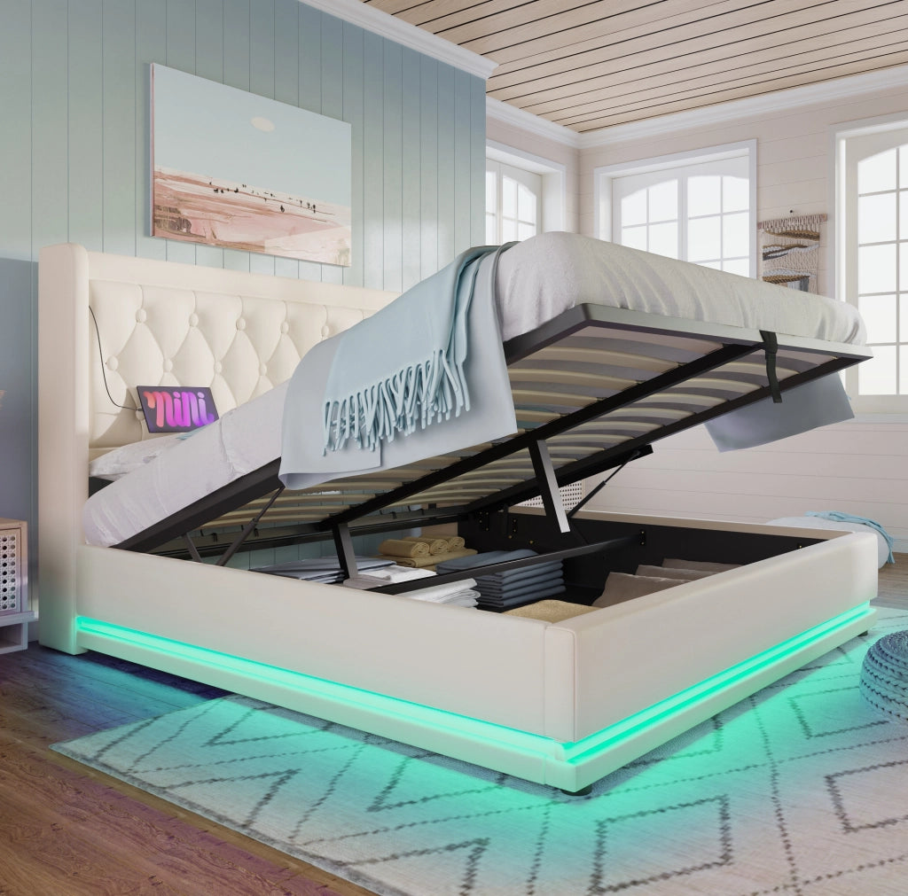 Letto matrimoniale contenitore 140x200 cm in PU bianco; testiera con USB e Type-C; LED
