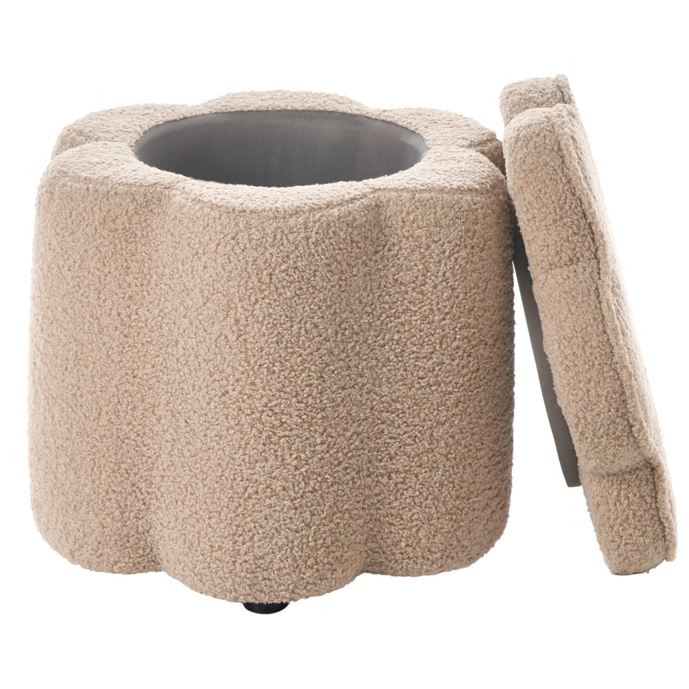 Pouf in bouclè beige con vano portaoggetti motivo floreale per soggiorno e camera da letto stile scandinavo