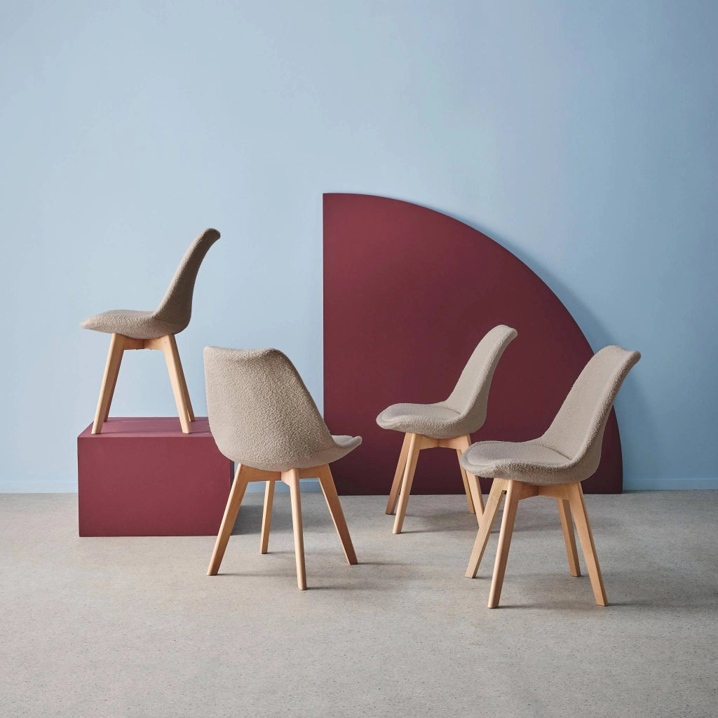 Set 4 sedie scandinave legno di faggio e bouclé strutturato, talpa