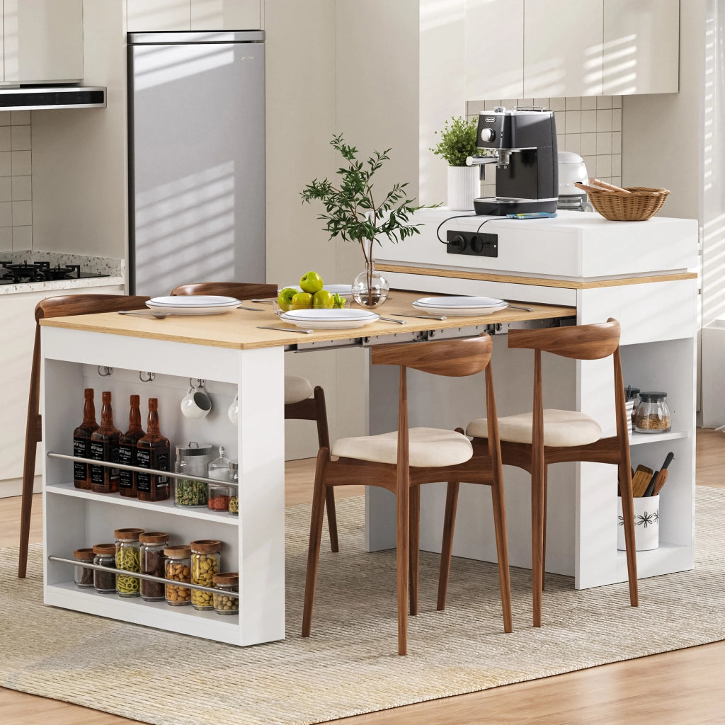 Tavolo da pranzo - isola cucina su ruote - piano pieghevole - bar con prese e ganci - bianco