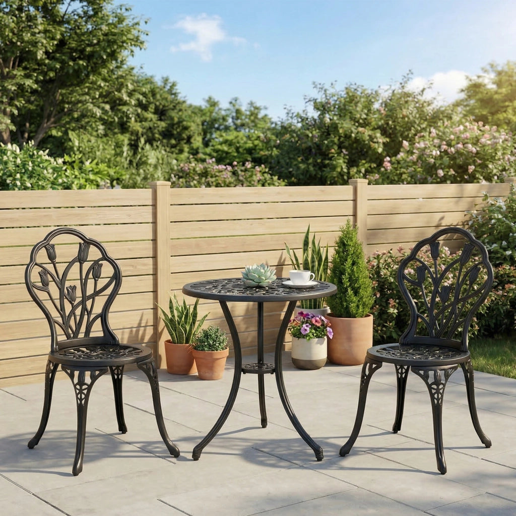 Set da Giardino 3 Pezzi in Alluminio con 2 Sedie 42.5x47.5x89 cm e Tavolino Rotondo ?60x67 cm, Nero