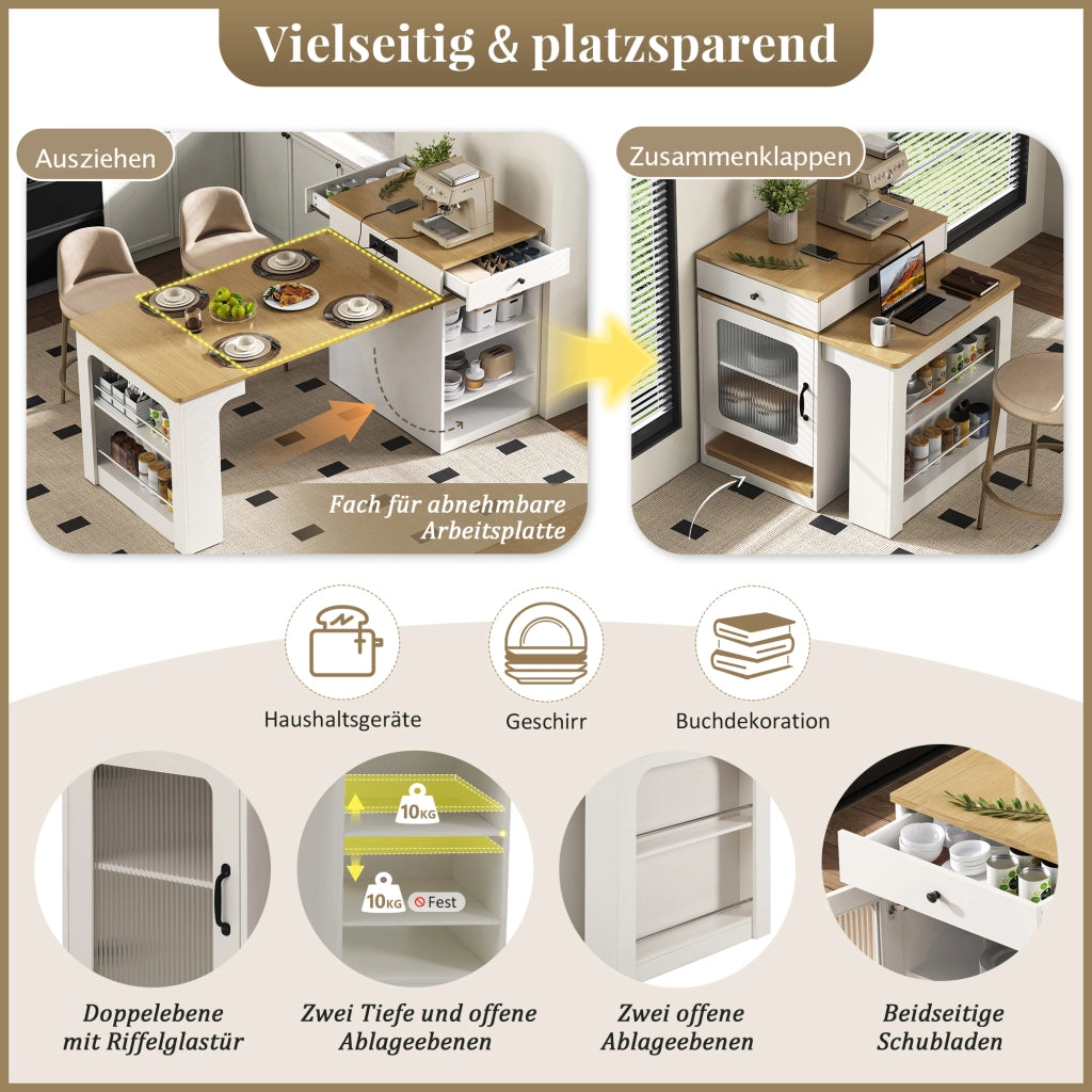 Tavolo da pranzo - isola cucina su ruote - piano estraibile - bar con prese - bianco - per cucina e sala