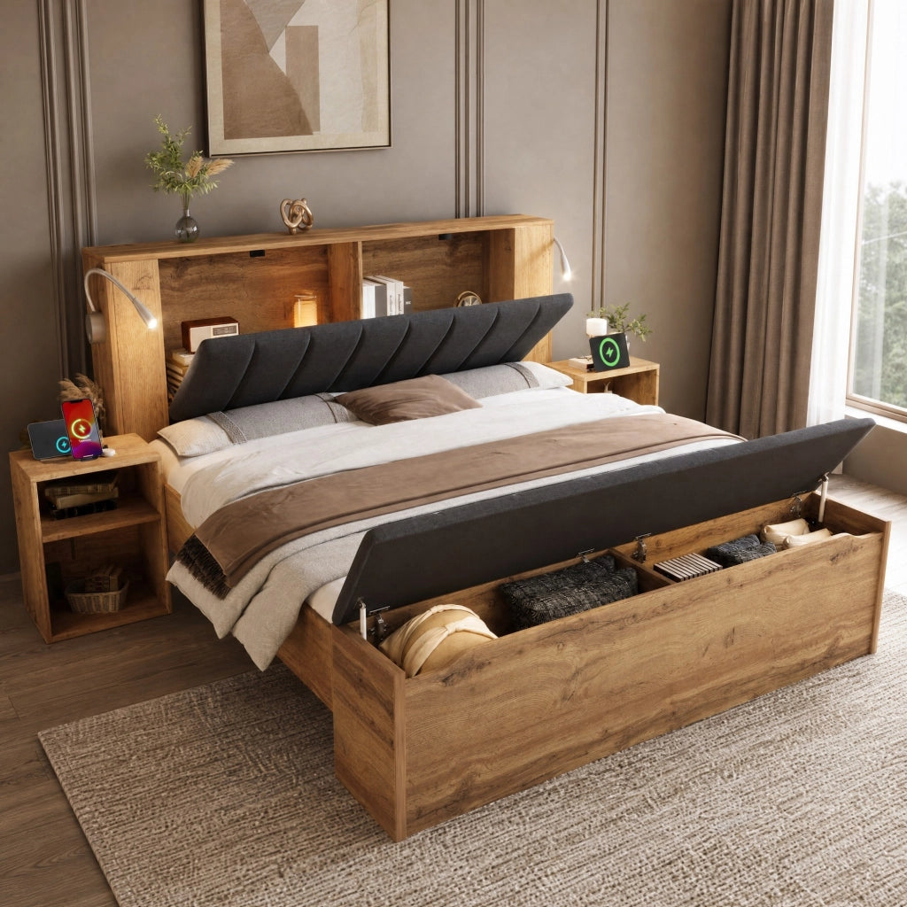 Letto matrimoniale 160x200 cm in legno effetto rovere con testiera reclinabile, luci LED con USB, comodini e panca contenitore