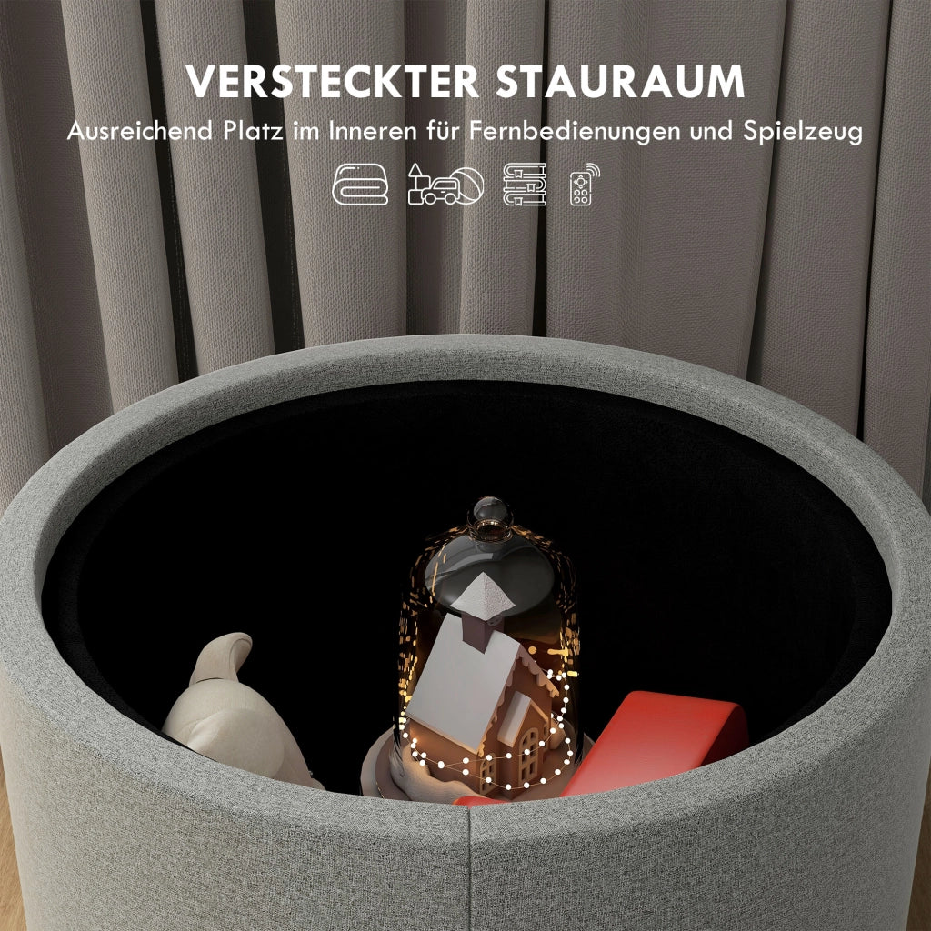 POUF Contenitore Rotondo 56x56x42 cm Grigio Effetto Lino MDF