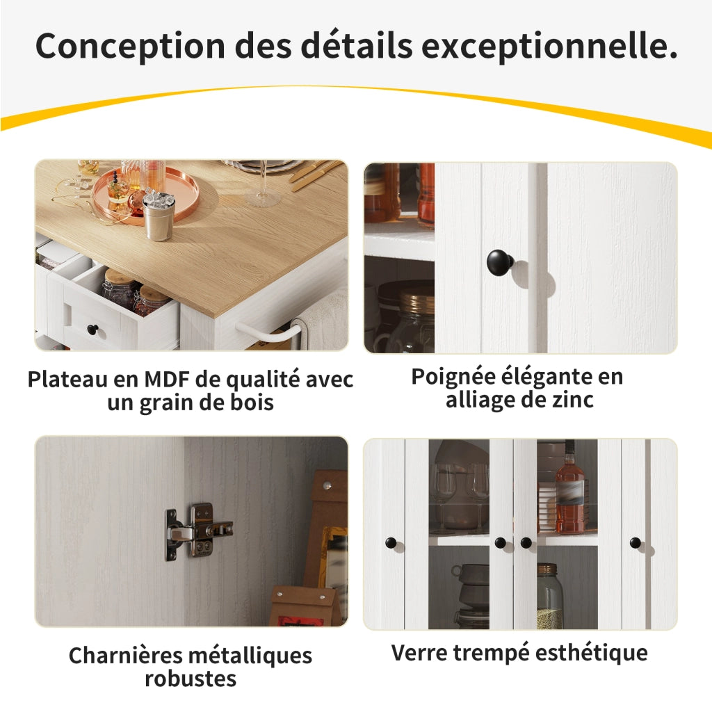 Carrello da Cucina con 1 Cassetto; Piano Ribaltabile; Vetro Temperato e Ripiani; in MDF; Bianco e Naturale