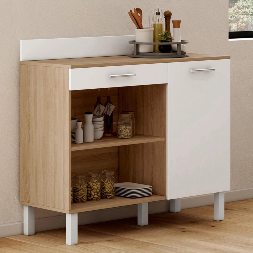 Credenza bassa 100 cm Piano di lavoro CINA H.83 cm 1 anta + 1 cassetto finitura faggio e bianco