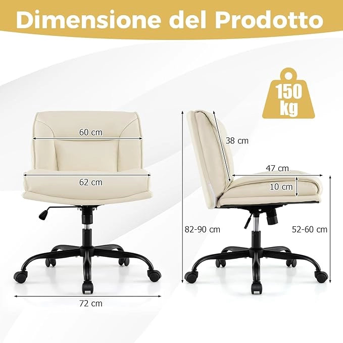 Sedia Ufficio con Ruote, Sedia da Scrivania Senza Braccioli con Schienale e Sedile Ampi, Altezza Regolabile, Meccanismo a Gas, Girevole a 360°, Portata 150 kg